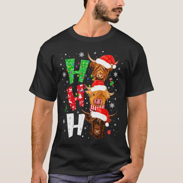 T-shirt Scottish Highland Cow Print Ho Ho Ho Christmas Paj (Devant)