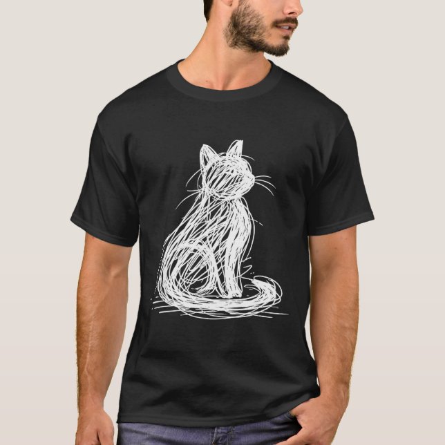 T-shirt Scribble Cat Minimal Line Art Japanese  (Devant)