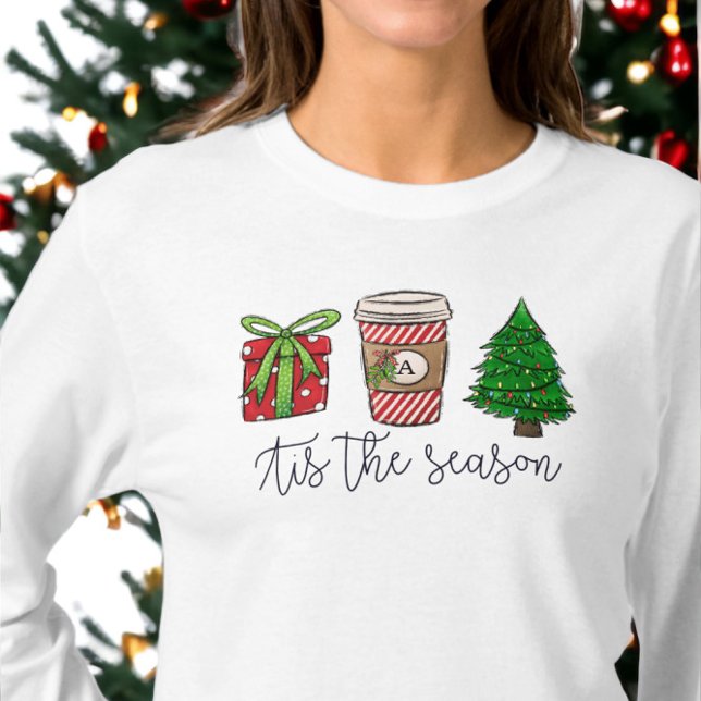 T-shirt Script de Noël présent Monogramme café arbre (Créateur téléchargé)