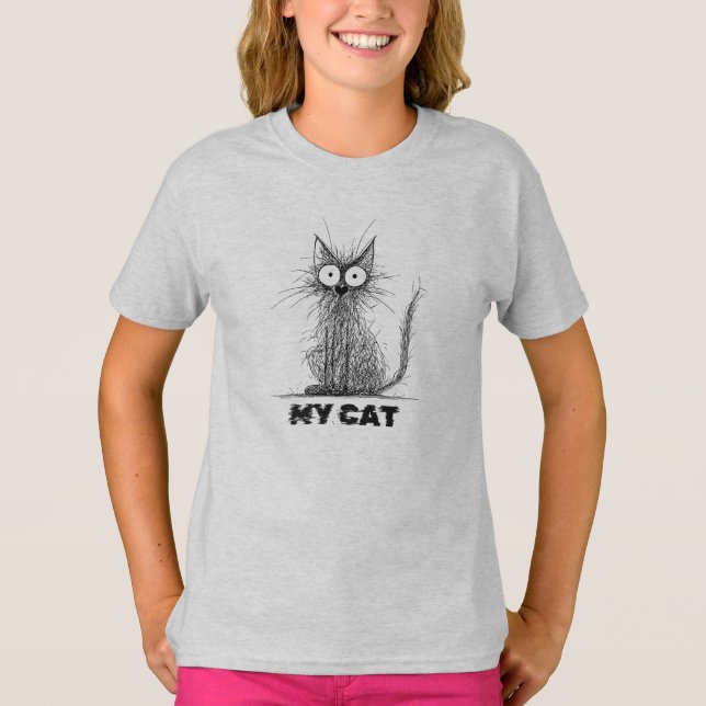 T-shirt Scruffy Scribble Cat – Minimalist Whimsy (Devant)