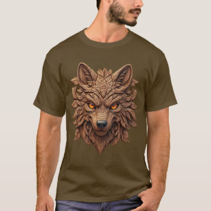 T-shirt Sculpture de loup en bois d'art avec motifs géomét