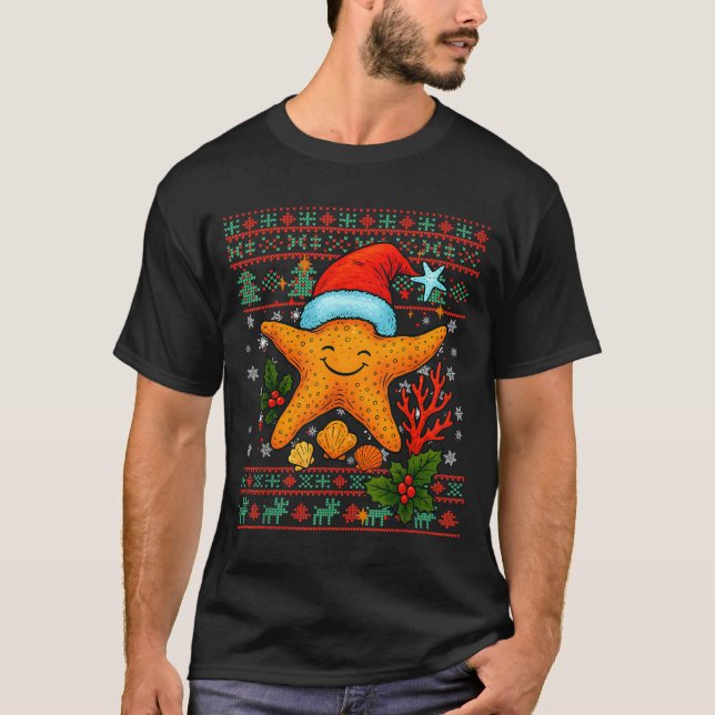 T-shirt Seashells Christmas Ocean Water Starfish Ugly Xmas (Devant)