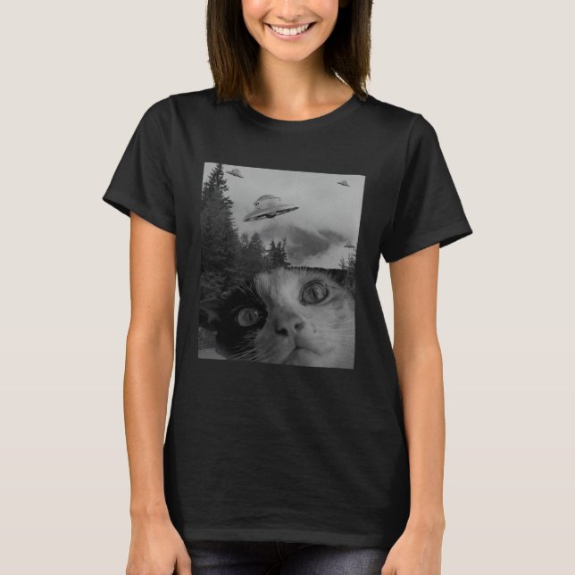 T-shirt Selfie Cat Meme UFO Sighting Alien Conspiracy Sci  (Devant)