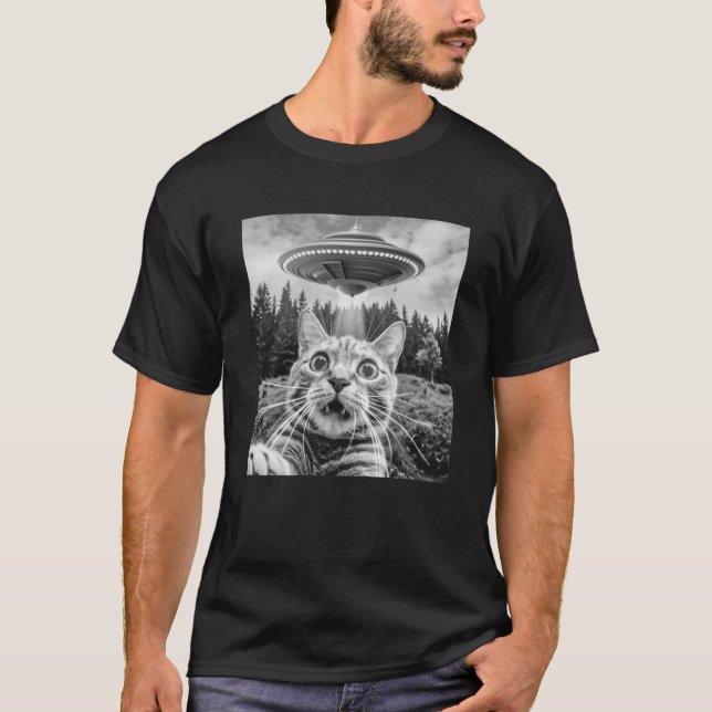 T-shirt Selfie Chat Avec Alien UFO Drôle Chat Pour Hommes  (Devant)