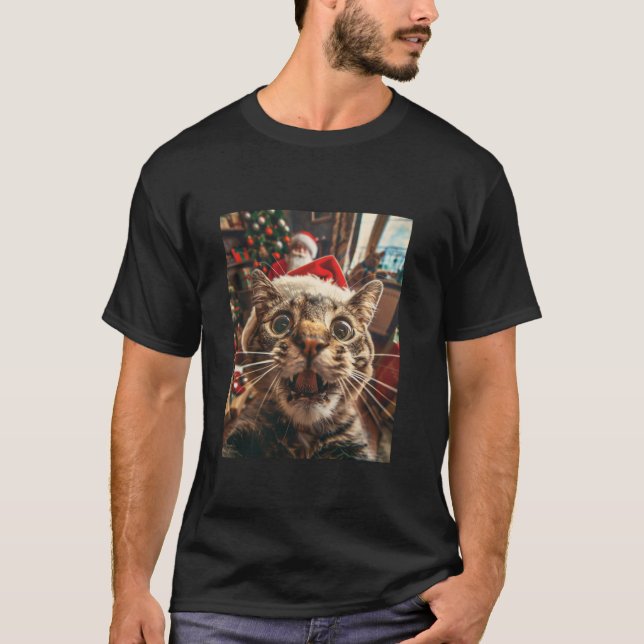 T-shirt Selfie De Chat Drôle Avec Noël Père Noël (Devant)