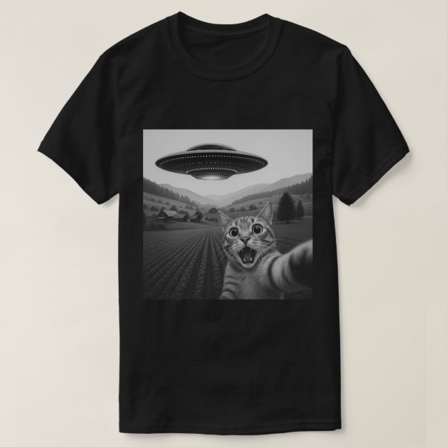T-shirt Selfie de chat drôle avec OVNI, Alien vaisseau spa (Design devant)
