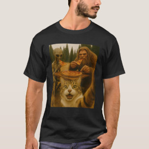 T-shirt Selfie Drôle de Chat Avec Pizza Mangée De Pied Ave