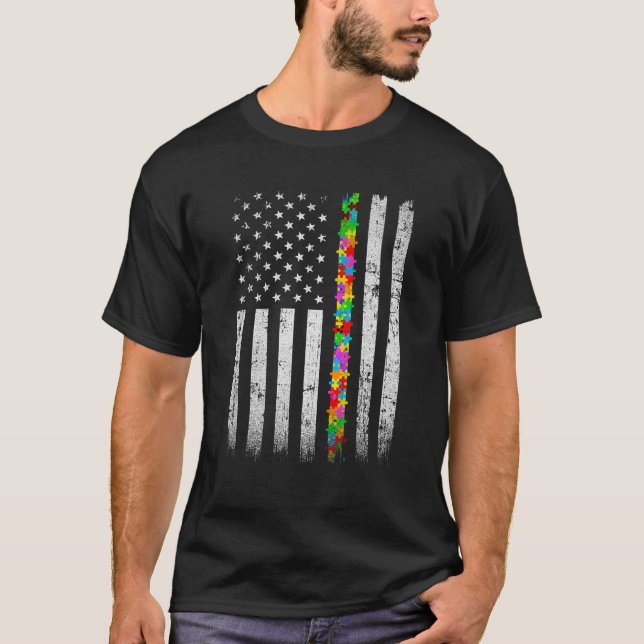 T-shirt Sensibilisation sur l'autisme du drapeau de l'Amér (Devant)