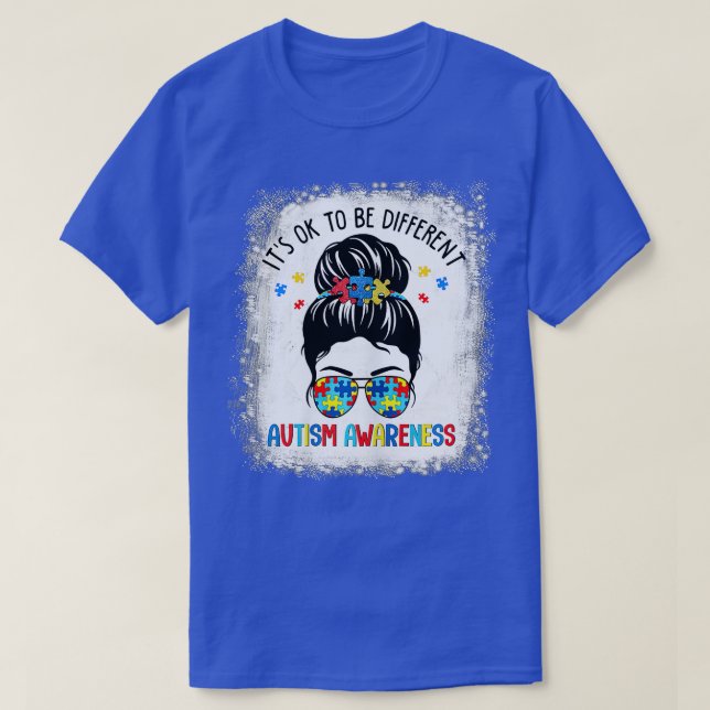 T-shirt Sensibilisation sur l'autisme Messy Bun Bleached i (Design devant)
