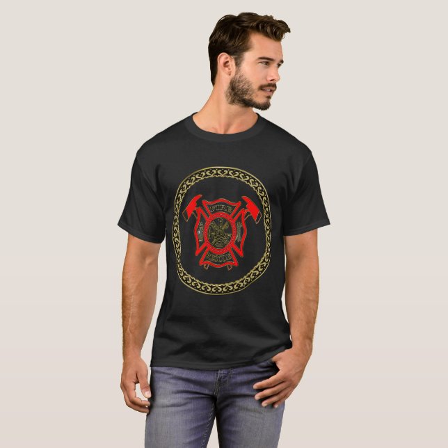 T-shirt Service D'Incendie Insigne Or Et Rouge Avec Axes D (Devant entier)
