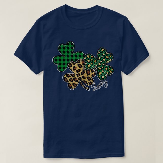 T-shirt Shamrock Plaid Leopard Cheetah Lucky St patrick D (Design devant)