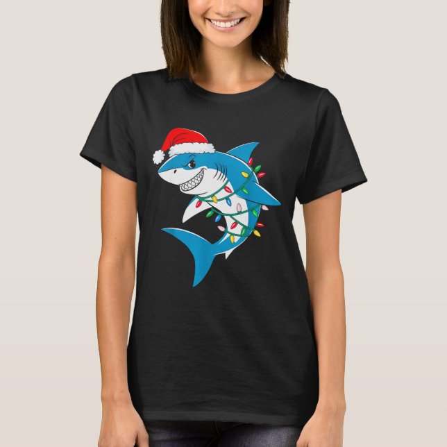 T-shirt Shark Christmas Lights Santa Hat Xmas Pajama Boys  (Devant)