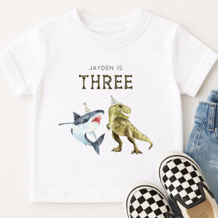 T-shirt Shark & Dino 3e Birthday Shirt, T-rex Shark Party