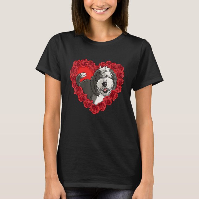 T-shirt Sheepadoodle Heart Roses Valentine Day Dog Mom (Devant)