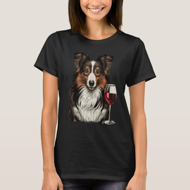 T-shirt Sheltie Red Wine drinking Shetland Sheepdog (Devant)