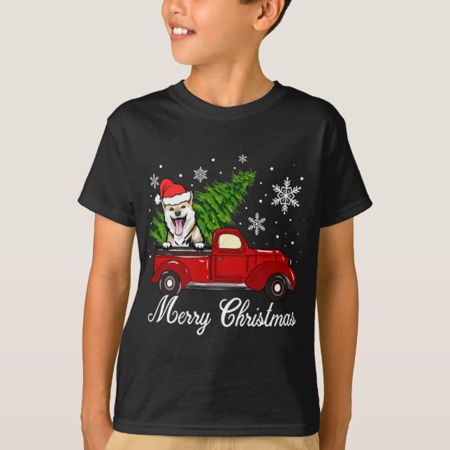 T-shirt Shiba Inu Chien équitation Camion Rouge Décoration (Devant)