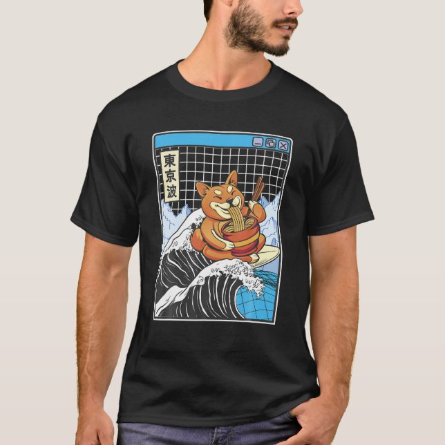 T-shirt Shiba Inu Manger Ramen Surf Kanagawa Wave Japan (Devant)