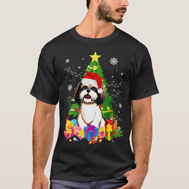 T-shirt Shih Tzu Christmas Tree Shih Tzu Santa Hat Light (Devant)