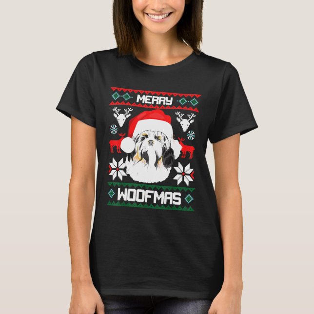 T-shirt Shih Tzu Merry Woofmas Pour Le Chien Lion De Noël  (Devant)