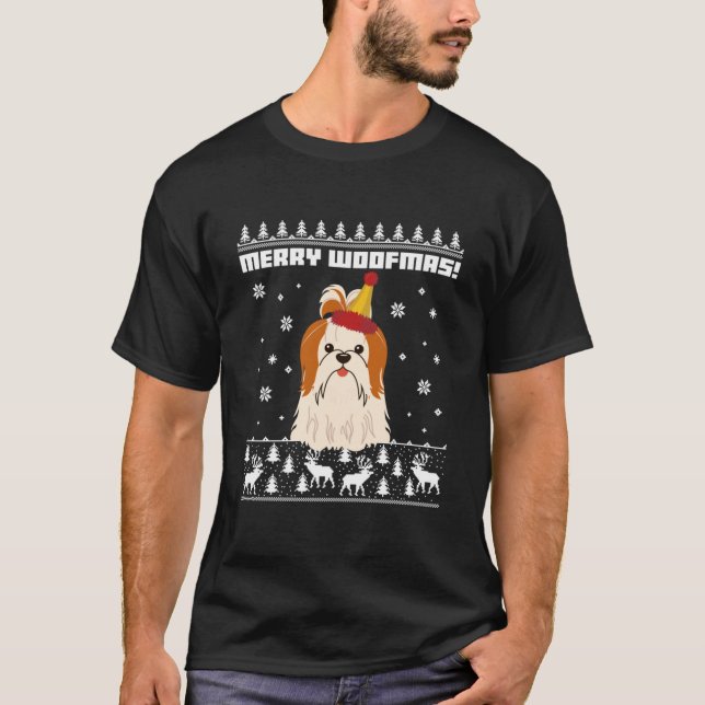 T-shirt Shih Tzu Merry Woofmas Ugly Christmas Sweater Esse (Devant)