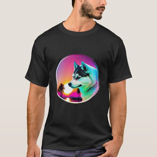 T-shirt Siberian Husky Synthwave 80s Retrowave Aesthetic (Devant)