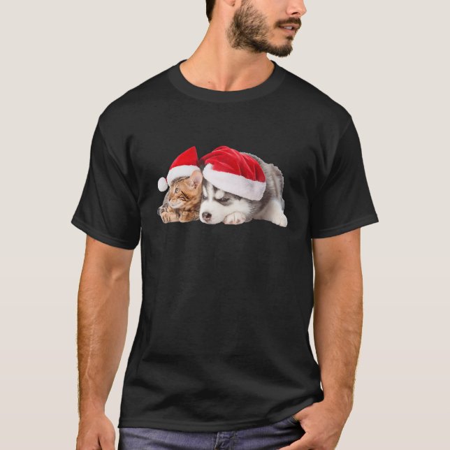 T-shirt Sibérie Husky Chien Chien Chat Santa Chat Mignonne (Devant)