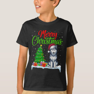 T-shirt Sibérie Husky Chien Noël Arbre Lumière Fantastique