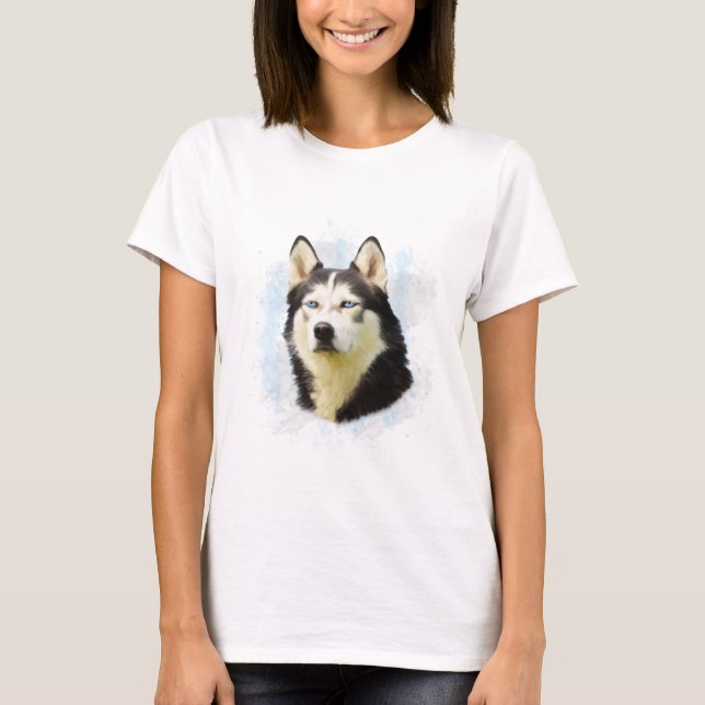 T-shirt Sibérie Husky Dog Eau Couleur Art Peinture (Devant)