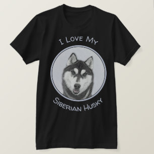 T-shirt Sibérie Husky (noir et blanc) Peinture Chien Art