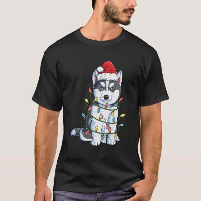 T-shirt Sibérie Husky Père Noël Tree Lights Noël Cadeaux G (Devant)