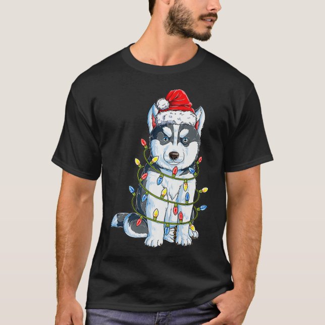 T-shirt Sibérien Husky Père Noël Noël Lumières Noël Bo (Devant)
