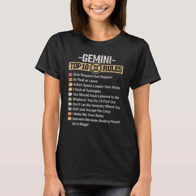 T-shirt SIGNE Zodiaque Drôle Top 10 Règles De Gemini Graph (Devant)