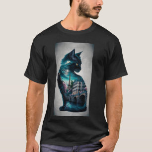 T-shirt Silhouette de chat avec paysage urbain nocturne et
