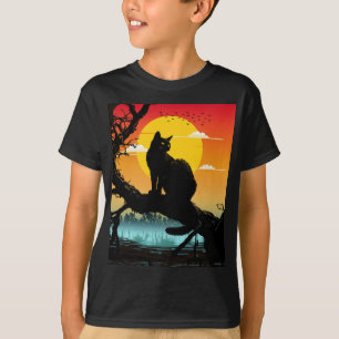 T-shirt Silhouette de chat et d'arbre au coucher du soleil