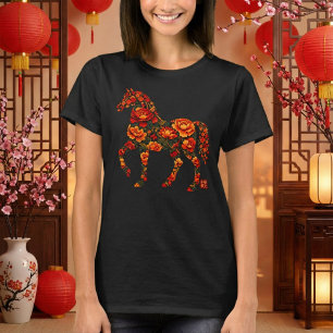 T-shirt Silhouette de cheval floral Art botanique chinois