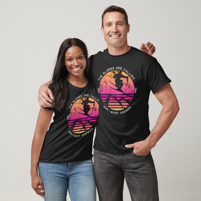 T-shirt Silhouette du skieur de Sunset Rose Orange (Unisexe)