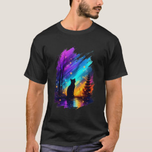 T-shirt Silhouette mystique de chat Aurore boréale Noir