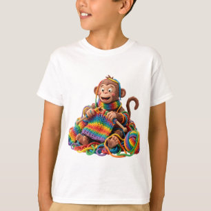 T-shirt Singe Claymation Tricotant un Pull Géant Arc-en-Ci