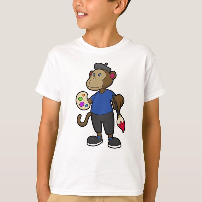 T-shirt Singe comme peintre avec peinture et pinceau (Devant)
