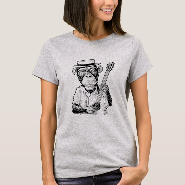 T-shirt Singe Jouer de la bande de guitare Musicien Drôle  (Devant)