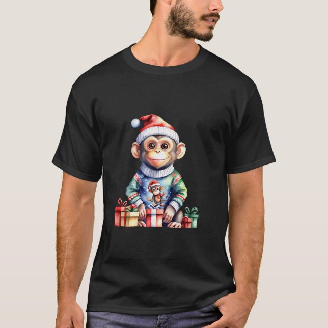 T-shirt Singe Mignonne À Santa Hat Noël Neige D'Hiver Fla (Devant)
