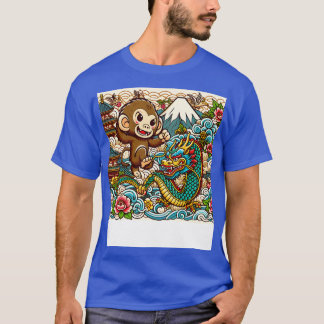 T-shirt Singe mignonne et dragon au Japon avec la Pagode W