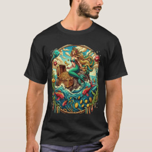 T-shirt Sirène assise sur un rocher avec un trésor ouvert