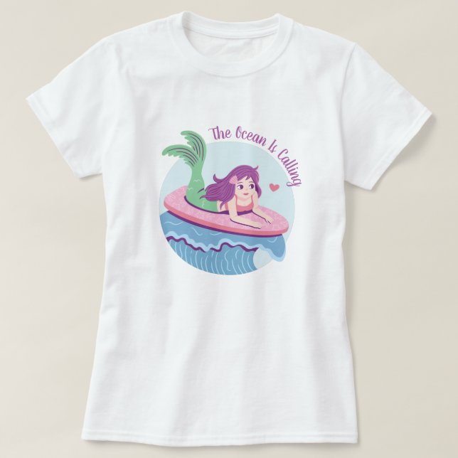 T-shirt Sirène En Surf Rose L'Océan Arrive (Design devant)