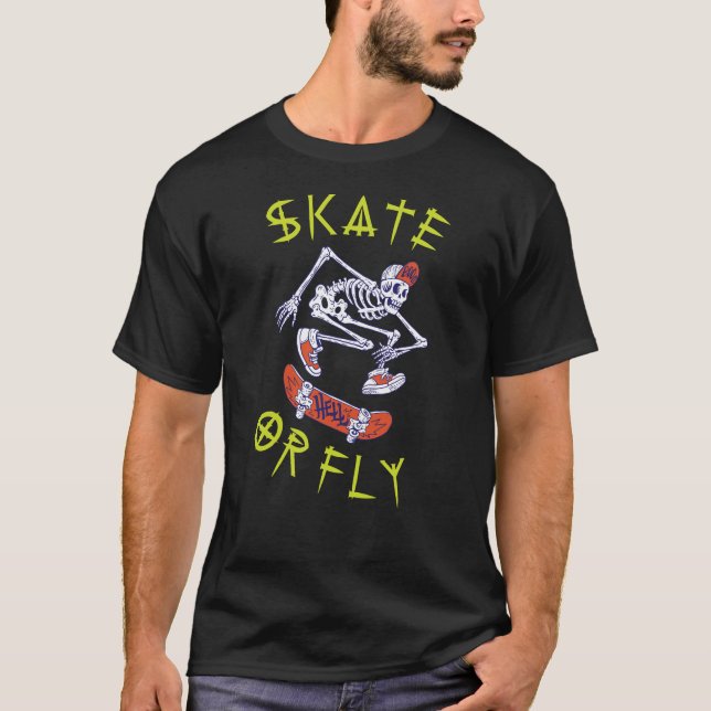 T-shirt Skate ou volez Skeleton Skateboarder (Devant)