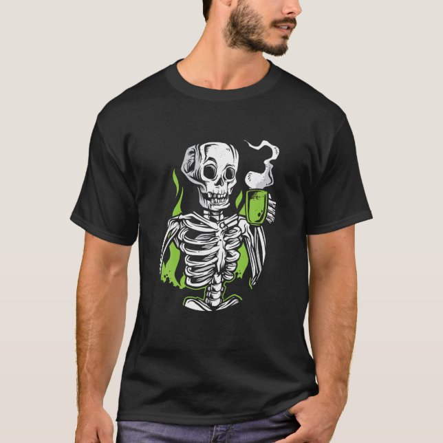 T-shirt Skeleton Alien crâne Boire Café Drôle nouveauté (Devant)
