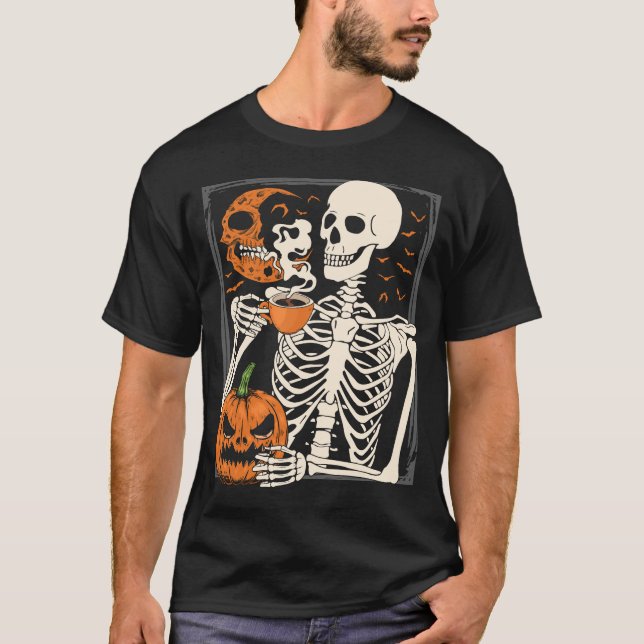 T-shirt Skeleton Boire Café Lover Halloween Crâne Hommes (Devant)
