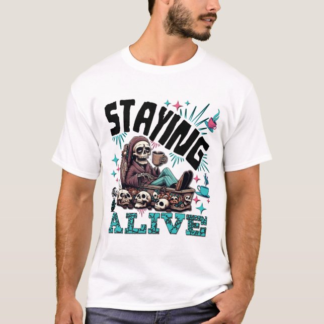 T-shirt Skeleton Boire Café - Rester Vivant! (Devant)