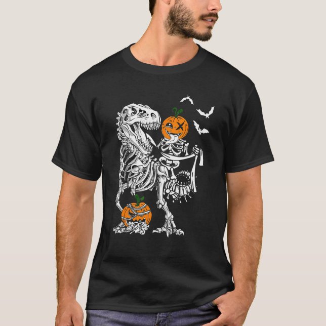 T-shirt Skeleton Citrouille Riding Art Dinosaur T Rex Hall (Devant)