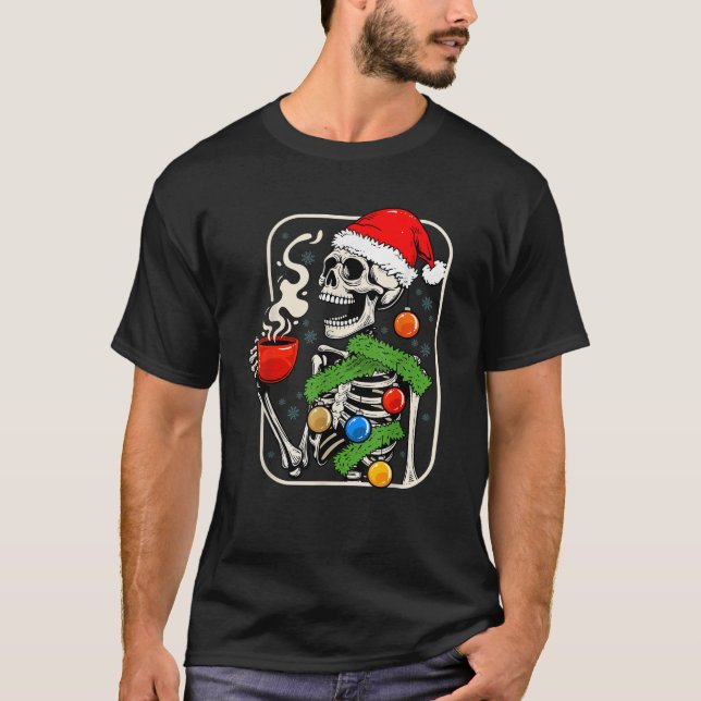 T-shirt Skeleton de Noël Boire Café Lights Xm (Devant)